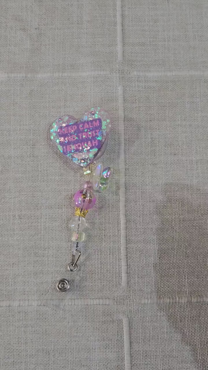 Keep Calm and Trust Jehovah | Handmade heart Badge Reel – iridescent Glitter Resin | Inspirational Ministry Accessory #1 video
