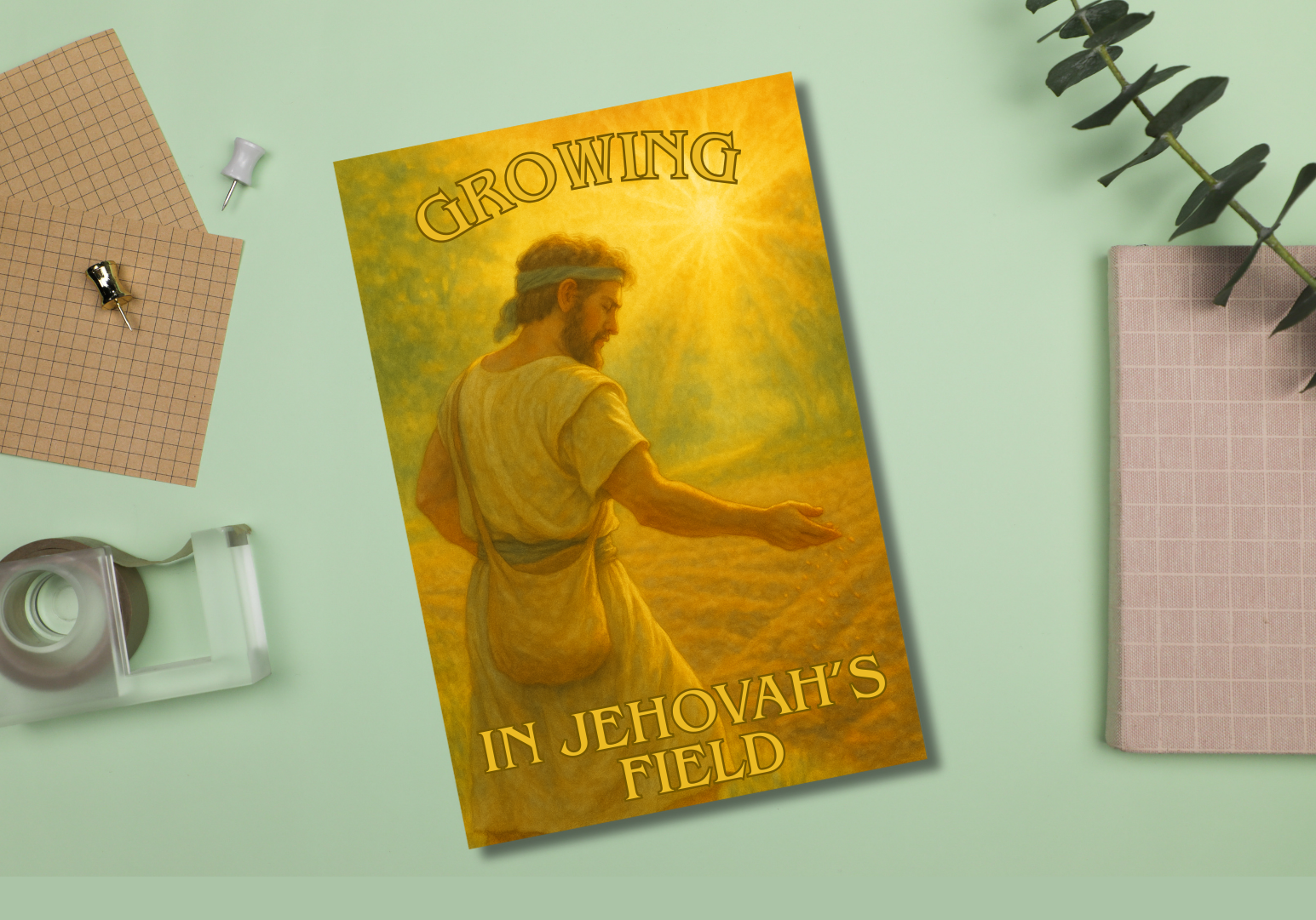 card titled 'Growing in Jehovah's Field' on a light green background with stationery items.