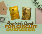 Two cards with images of people and text on a light green background, with stationery items around. printable C O cards for jehovah's witnesses, gifts for jw