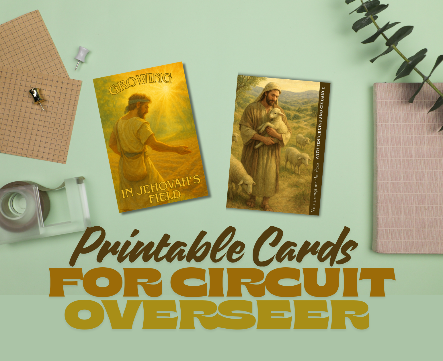 Two cards with images of people and text on a light green background, with stationery items around. printable C O cards for jehovah's witnesses, gifts for jw